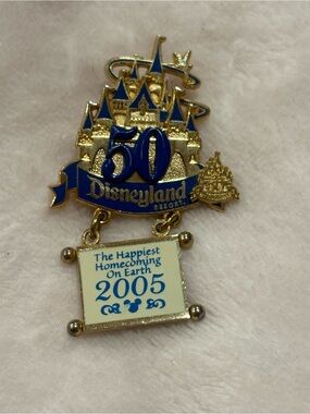 Disney Gold & Blue 50th Disneyland Resort Castle Pin with Dangling 2005 Plaque